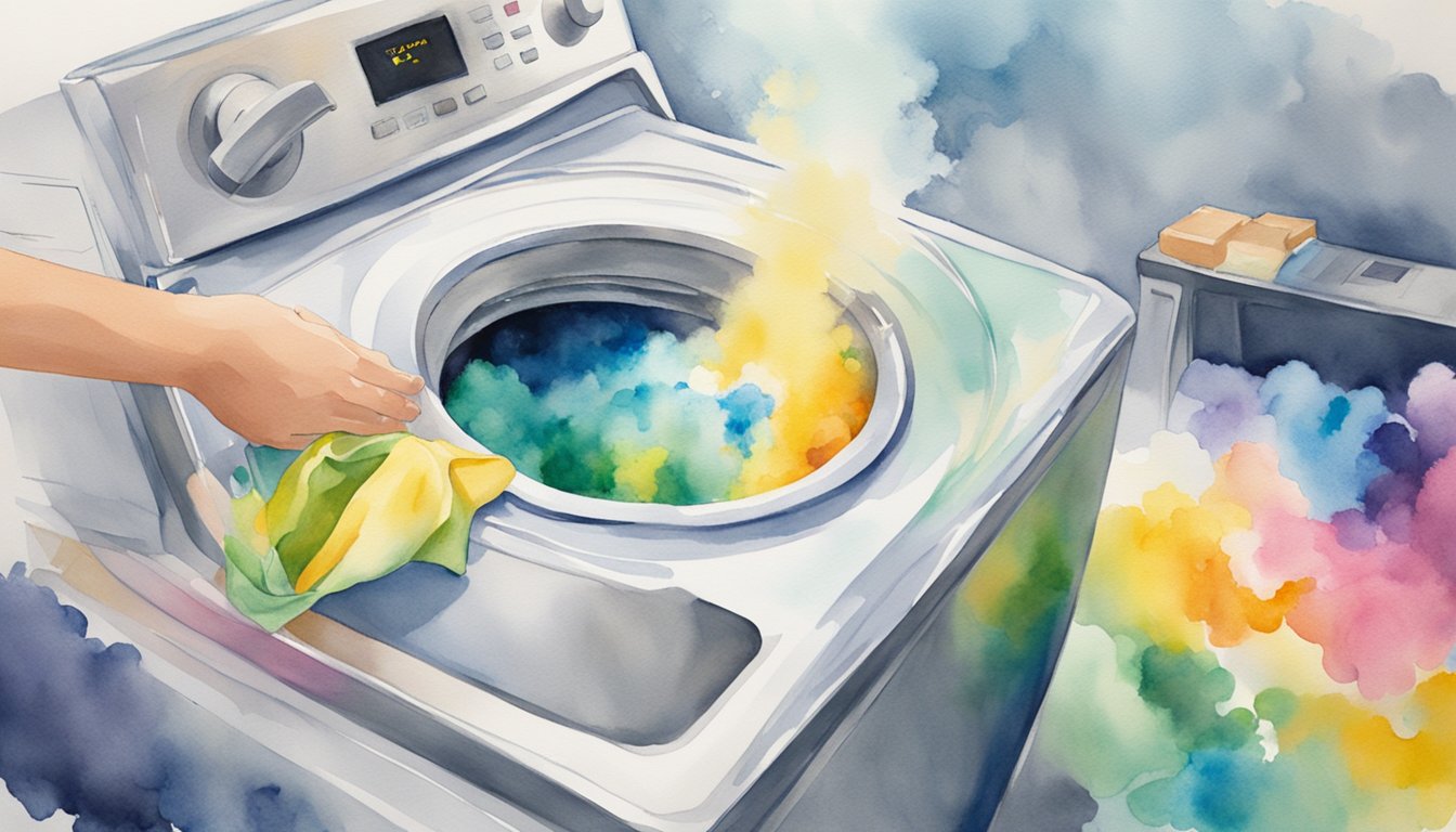 A hand pours a capful of odor remover into a washing machine filled with colorful, fresh-smelling laundry.</p><p>A cloud of fragrance rises from the machine as it begins to wash