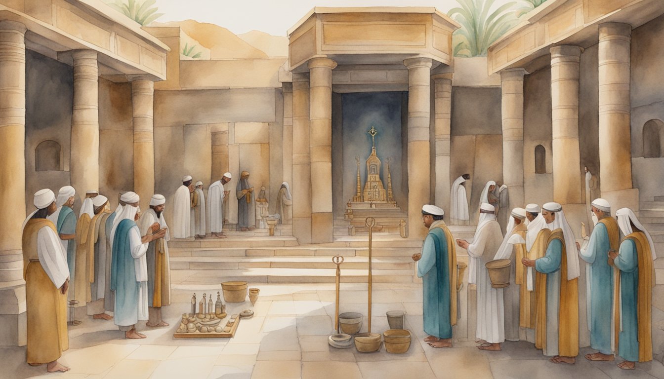 A Canaanite temple with religious artifacts and symbols, surrounded by worshippers and priests conducting rituals