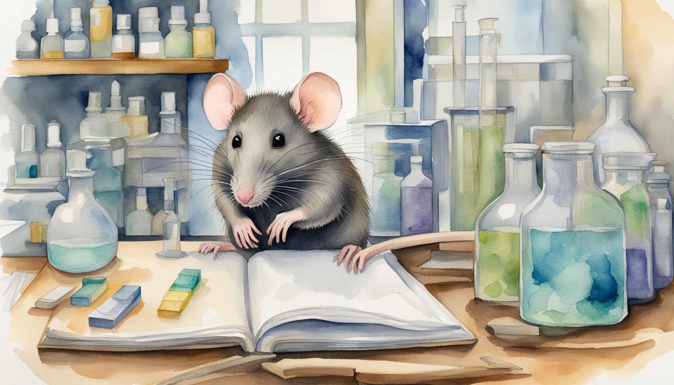 A rat in a laboratory setting, with a pained expression, surrounded by comparative research materials on ethical considerations