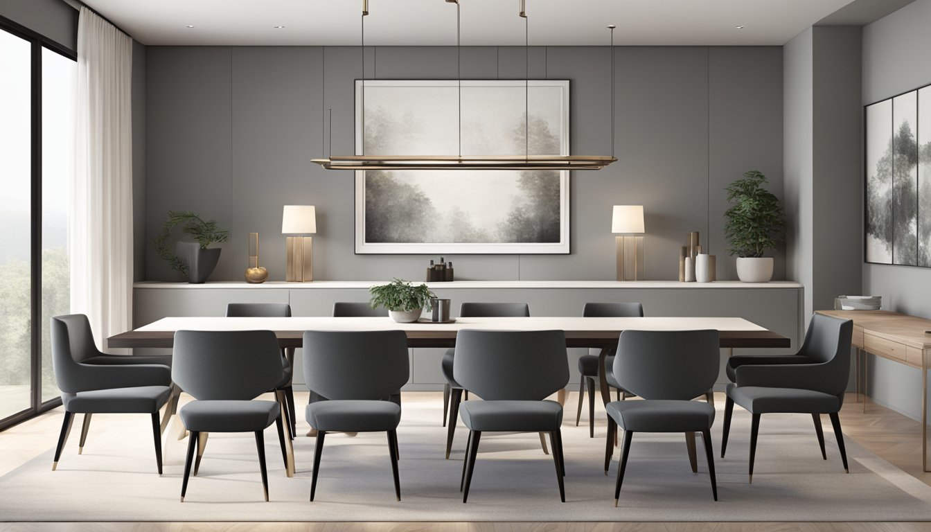 A sleek, rectangular dining table with seating for eight. Clean lines, minimalistic design, and neutral colors give a modern and elegant feel