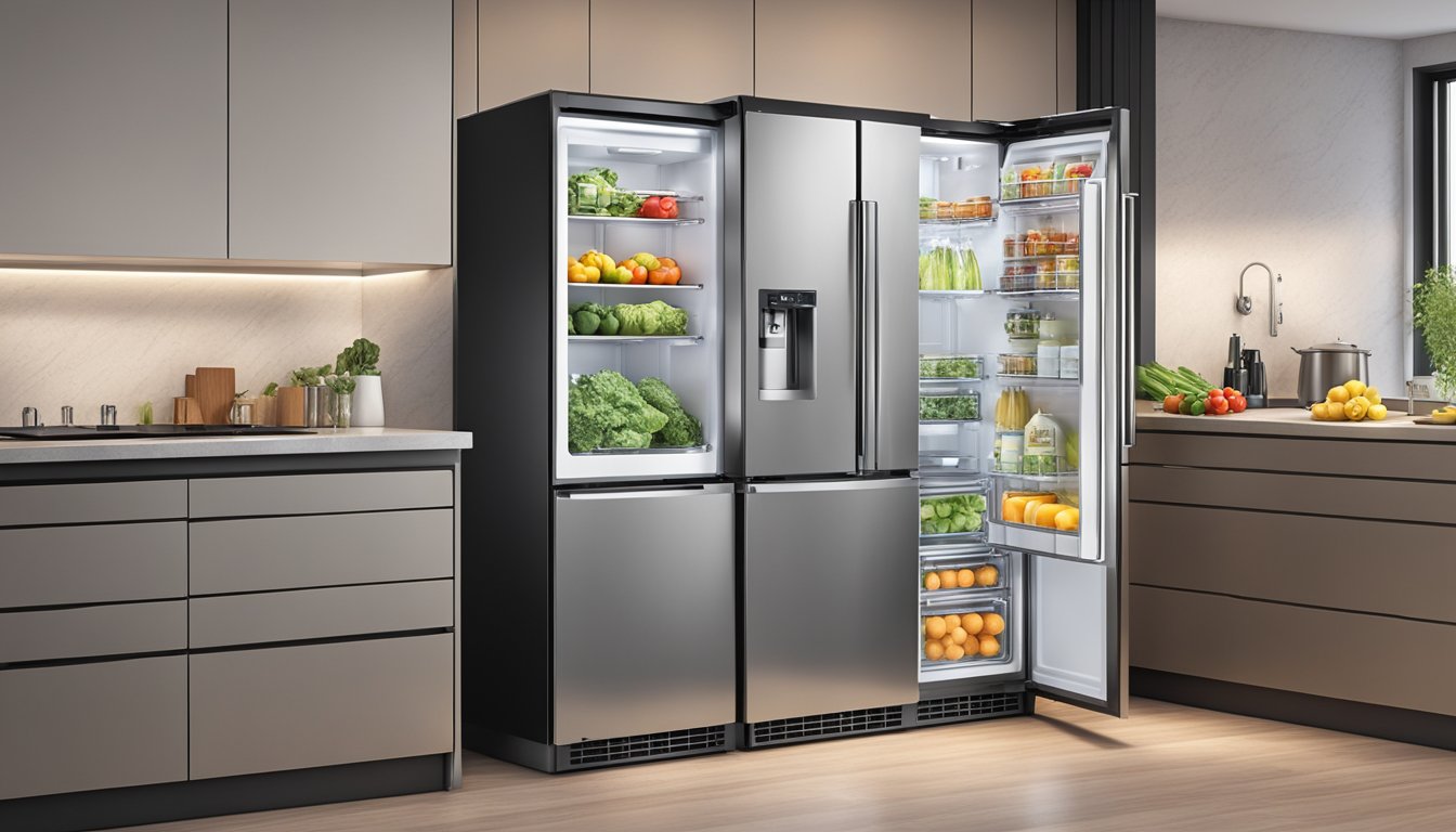 A sleek Midea refrigerator stands in a modern kitchen, its stainless steel finish gleaming under the soft overhead lighting. The door is slightly ajar, revealing neatly organized shelves of fresh produce and chilled beverages