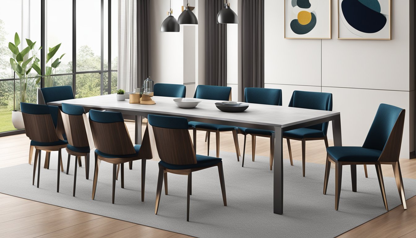 A sleek, rectangular dining table for 8, made of polished wood and steel, with clean lines and minimalist design