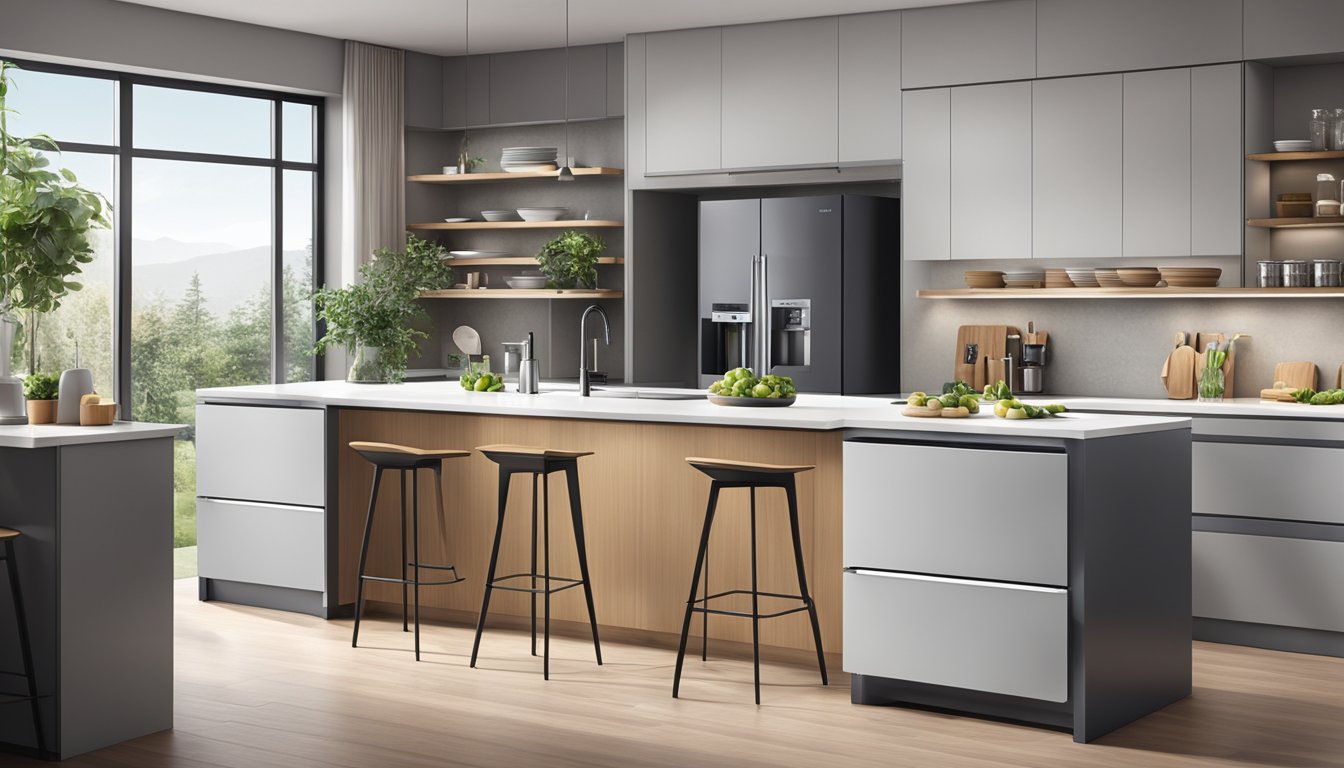 A modern kitchen with a sleek Midea refrigerator at the center, surrounded by a range of innovative products