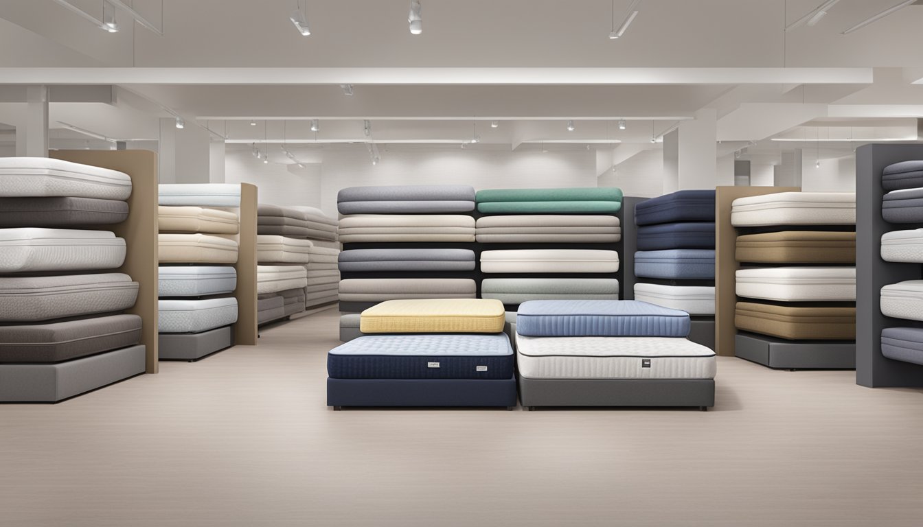 A display of various bed mattress brands lined up in a showroom, each with different colors, textures, and sizes