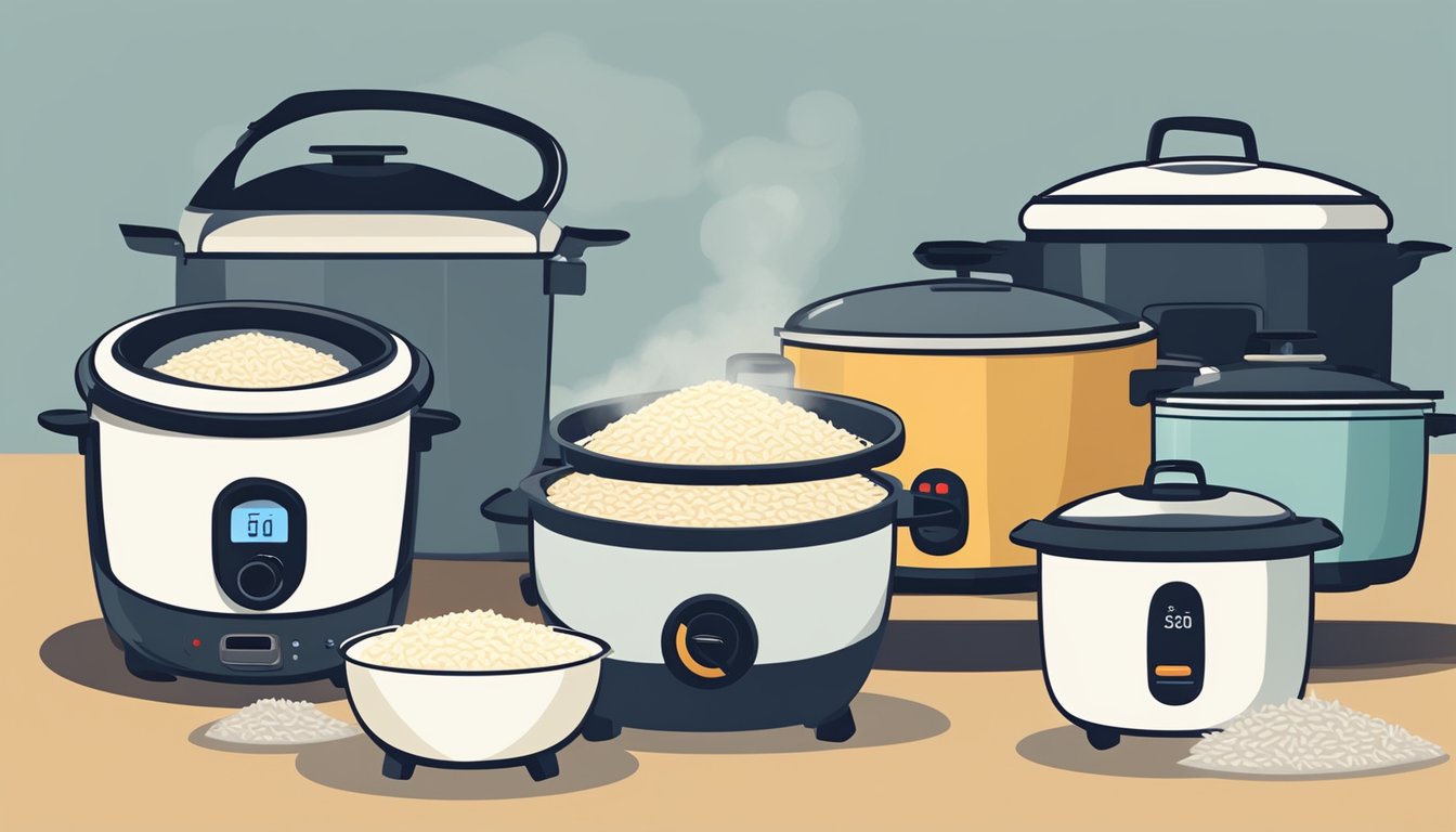A variety of rice cookers sit on a kitchen counter, each with different features and sizes. A steaming pot of perfectly cooked rice sits next to the cookers, emitting a delicious aroma