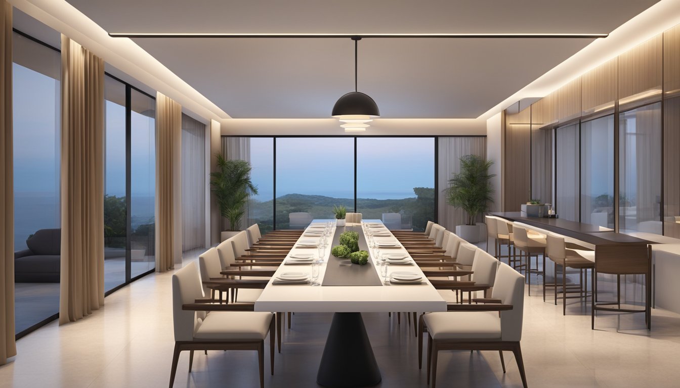 A spacious, sleek dining area with a long, rectangular table for 8. Clean lines, minimalistic design, and comfortable chairs. Adequate lighting and space for movement