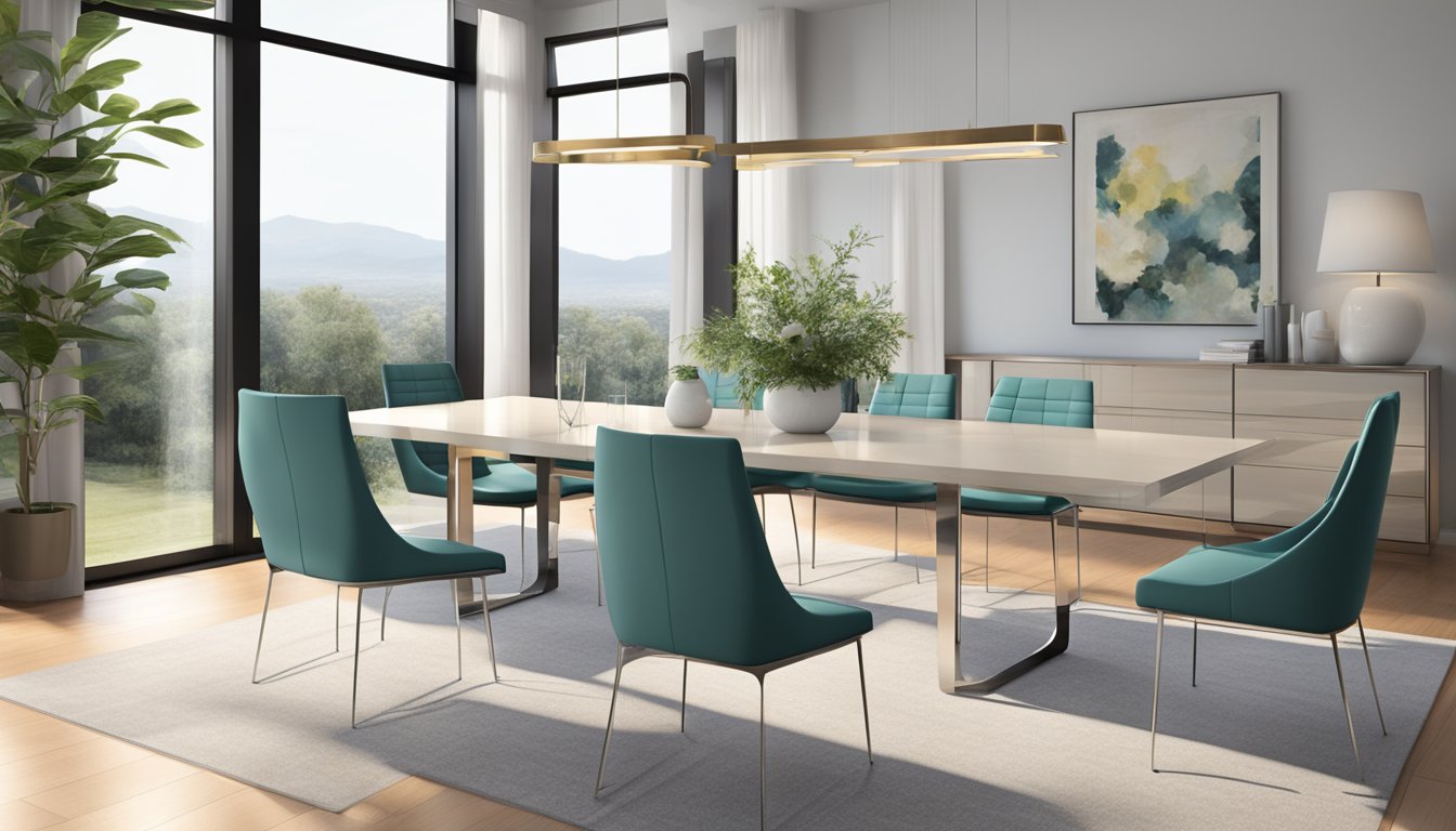 A sleek, rectangular dining table with seating for 8. Minimalist design with clean lines and a polished finish. Surrounding it are modern chairs with sleek, metal legs