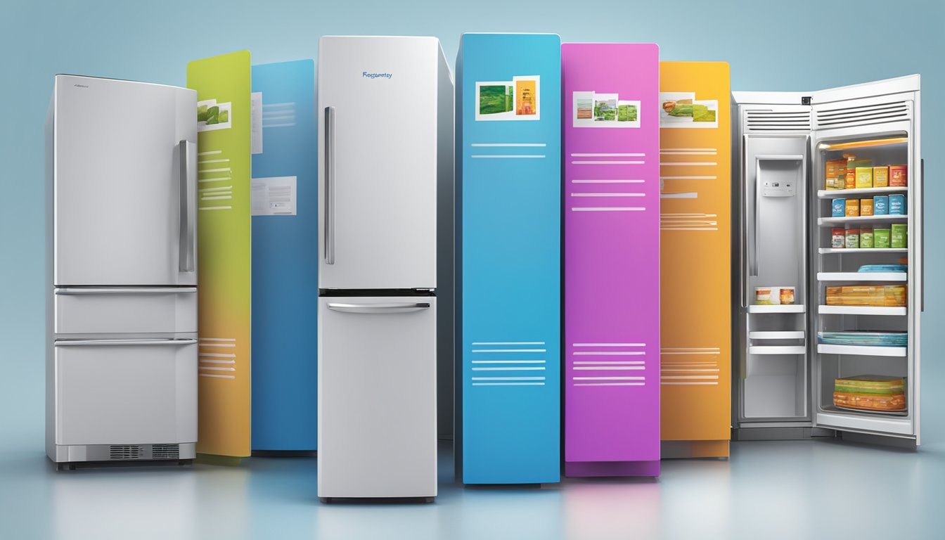 A stack of colorful brochures with "Frequently Asked Questions" displayed on a computer screen, surrounded by Midea refrigerator models