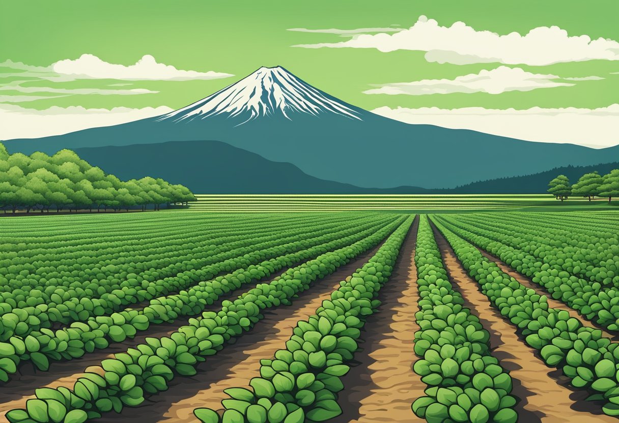 Lush green fields with rows of ripe red strawberries under the shadow of Mount Fuji
