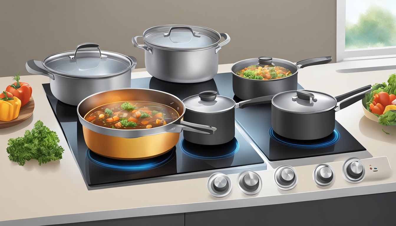 A pot sits on an induction cooktop while another pot sits on an electric stove, both emitting heat and cooking food