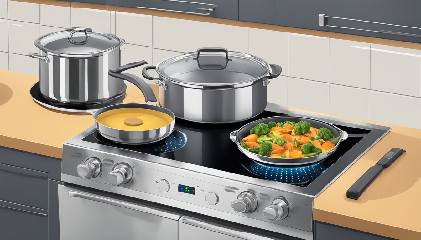 A side-by-side comparison of an induction cooktop and an electric cooktop in a modern kitchen setting. The induction cooktop shows a pot with no visible flames, while the electric cooktop displays visible heating coils