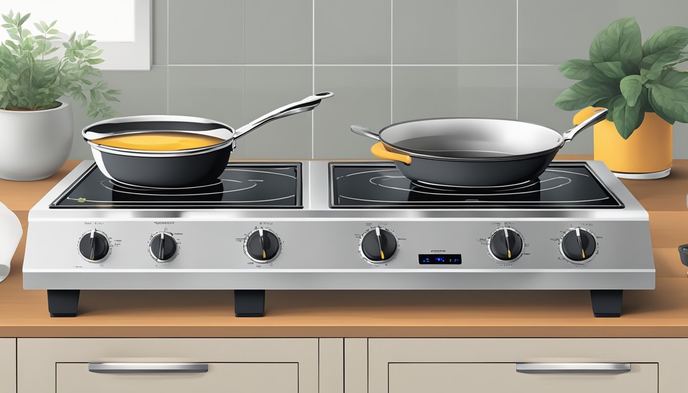 A side-by-side comparison of an induction cooktop and an electric cooktop, with labeled cost and maintenance details