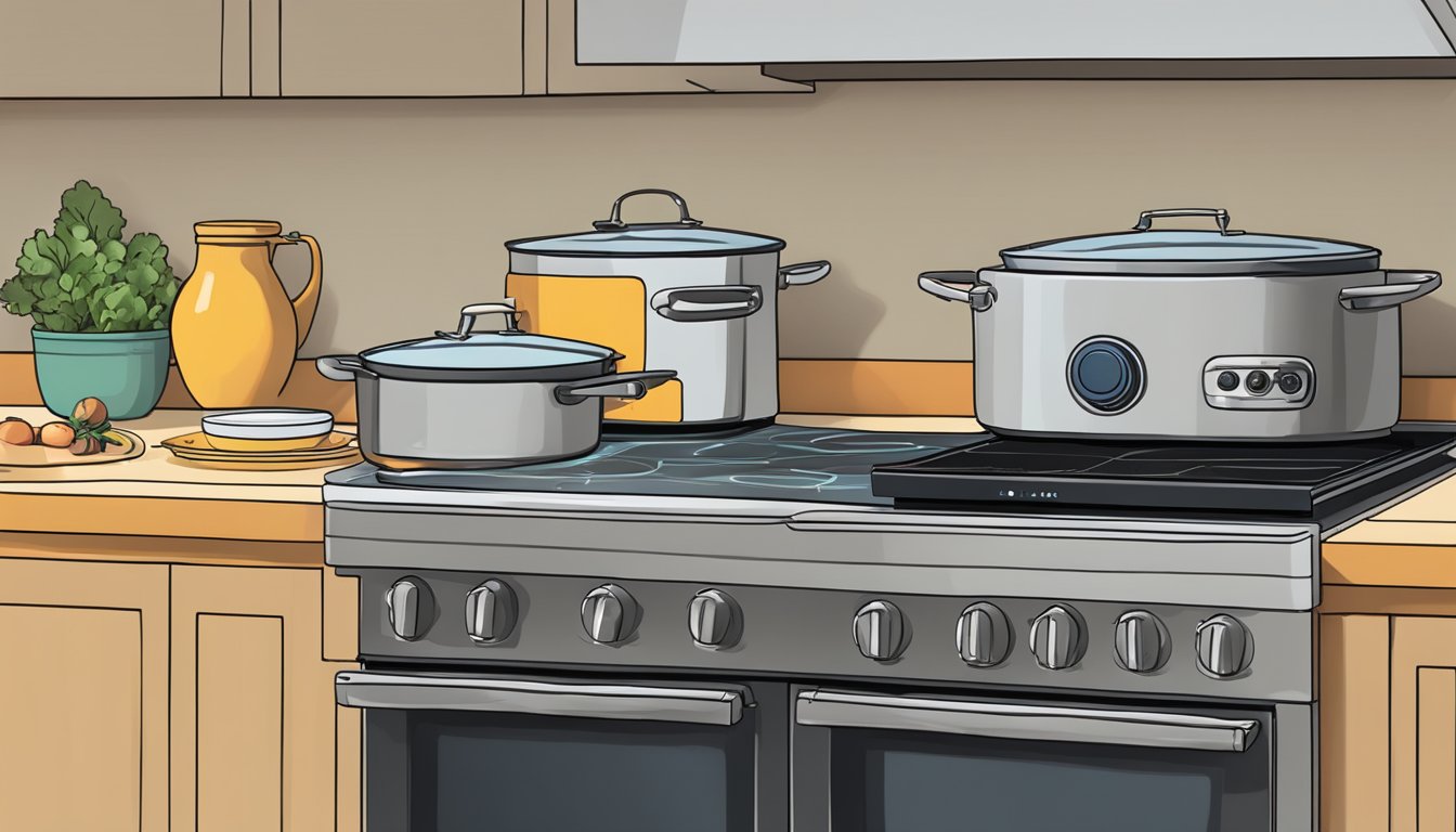 An induction cooktop and electric stove side by side, with question marks hovering over them