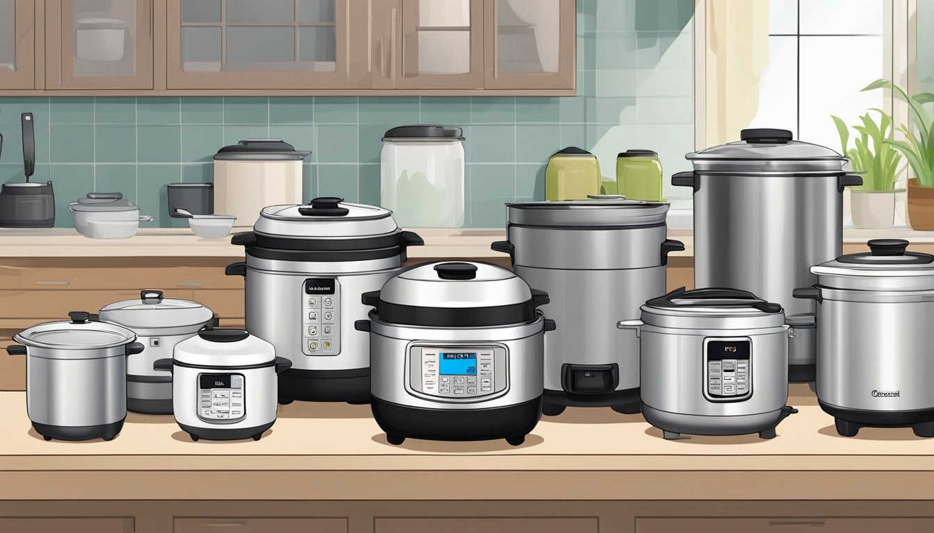 A variety of rice cookers sit on a kitchen counter, each with different features and sizes. A person's hand reaches out to compare them
