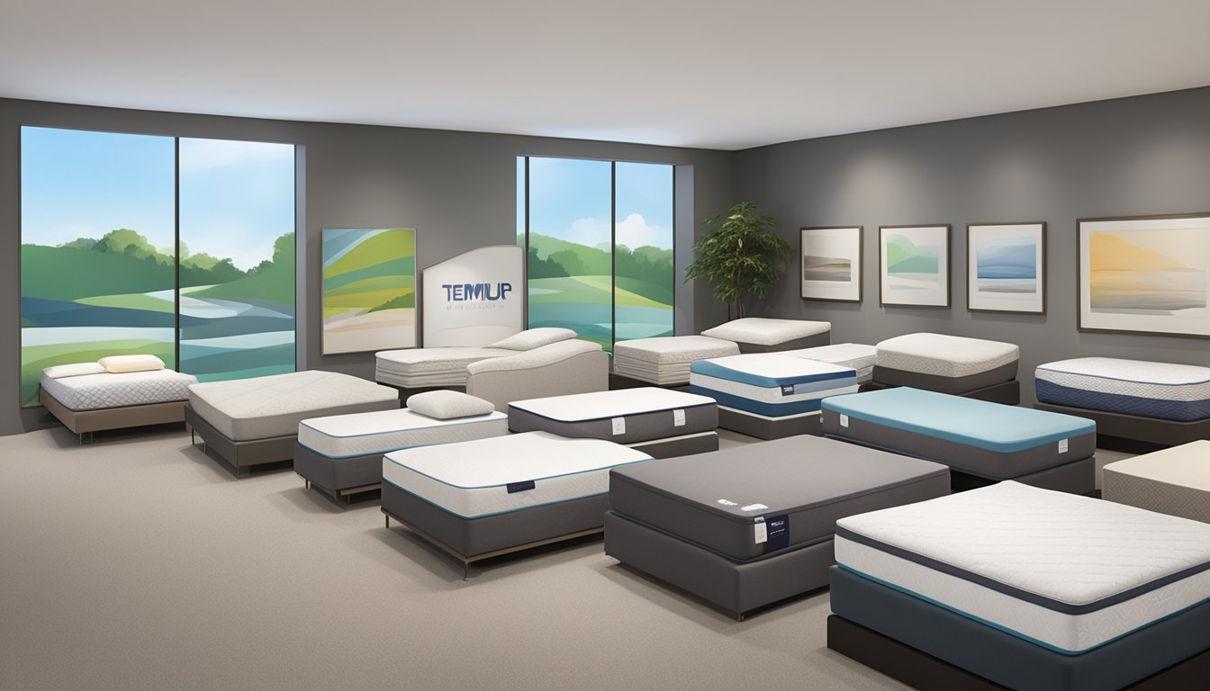Various mattresses in a showroom, including memory foam, innerspring, and hybrid types. Brands like Tempur-Pedic, Sealy, and Sleep Number are displayed