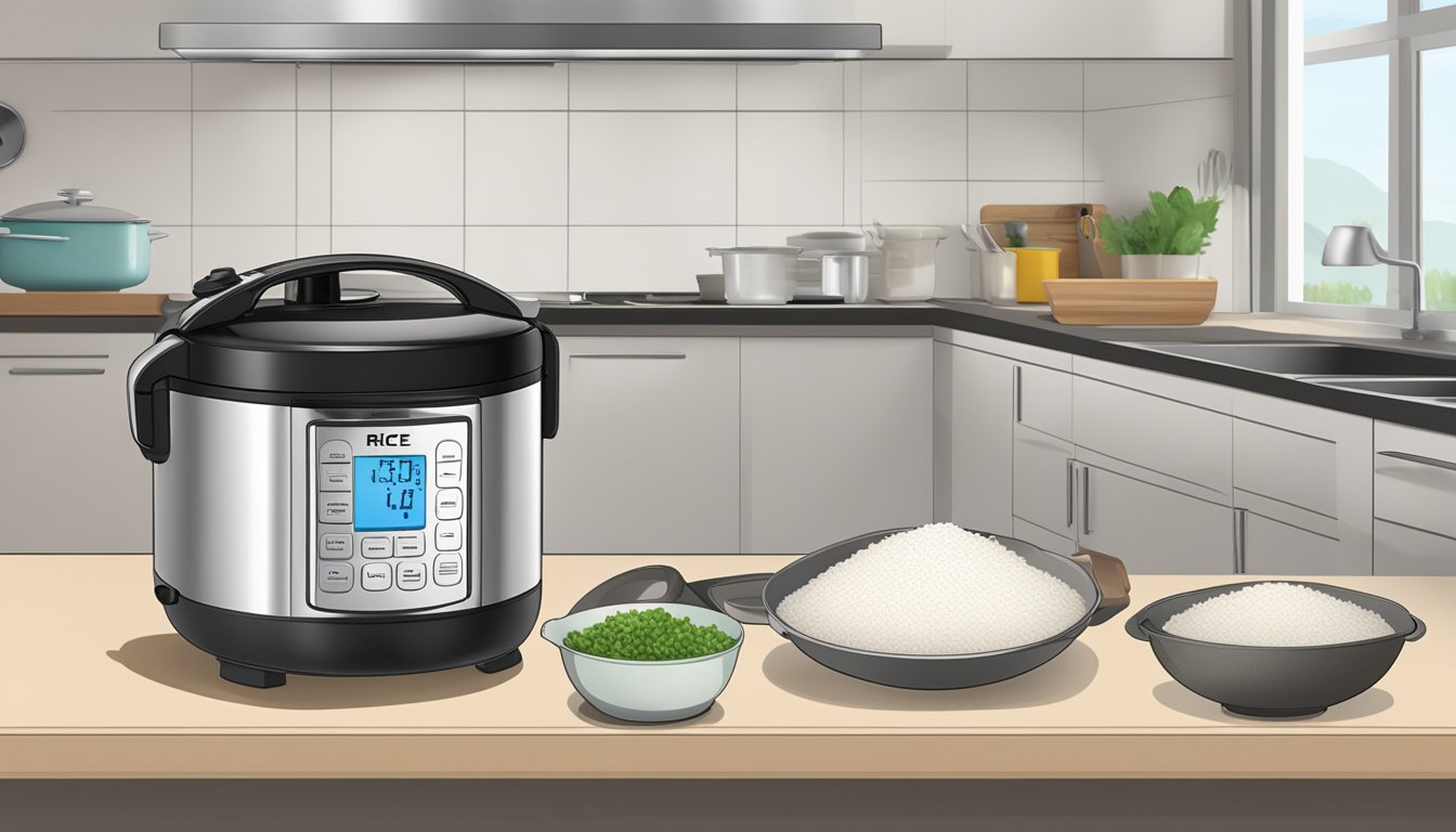 A rice cooker sits on a kitchen counter, steam rising from the lid. A measuring cup and bag of rice are nearby. The cooker's digital display shows the timer counting down