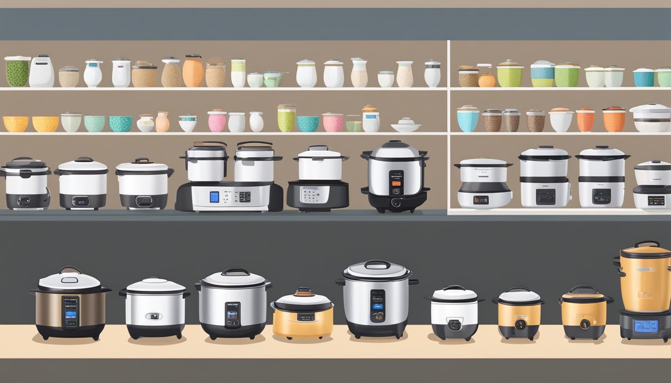 A variety of rice cookers displayed with labels and prices, surrounded by customers reading product descriptions and comparing features