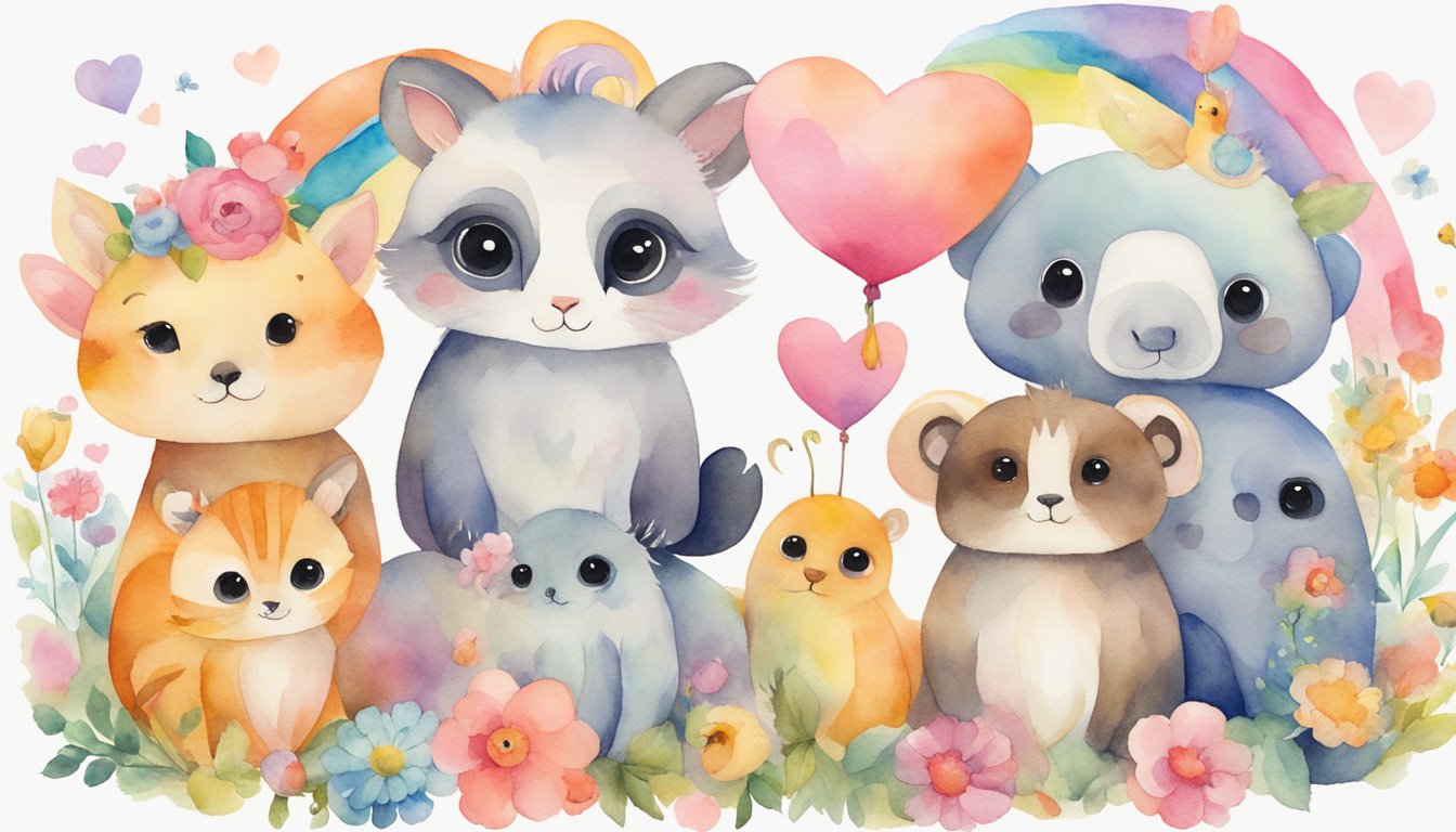 A group of adorable animals with big, round eyes and cute, cheerful expressions.</p><p>They are surrounded by colorful, whimsical objects like flowers, rainbows, and hearts