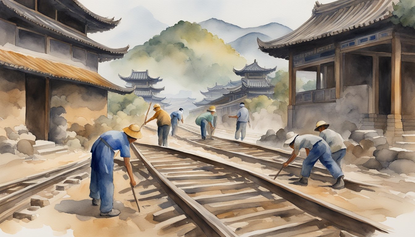 Chinese workers laying railroad tracks, amidst rugged landscapes, with traditional Chinese architecture in the background