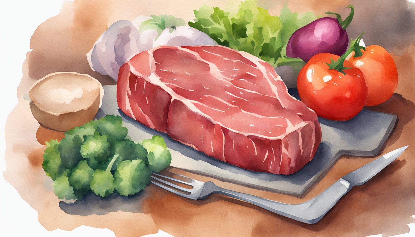 A red meat steak sits next to a pile of fresh vegetables.</p><p>A warning sign with a crossed-out steak is displayed next to a heart symbol