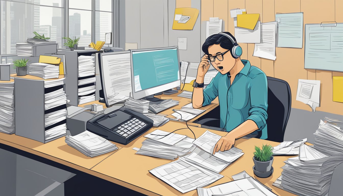 A phone ringing off the hook at a busy hdb renovation complaint hotline. Papers and folders scattered on a desk, with a frustrated staff member trying to keep up with the influx of calls