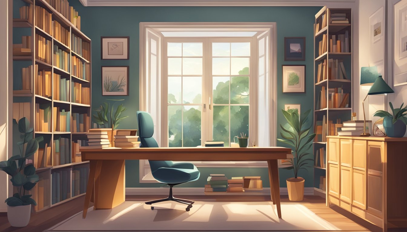 A cozy study room with a large window, a comfortable chair, a sleek desk, and shelves filled with books and decorative items