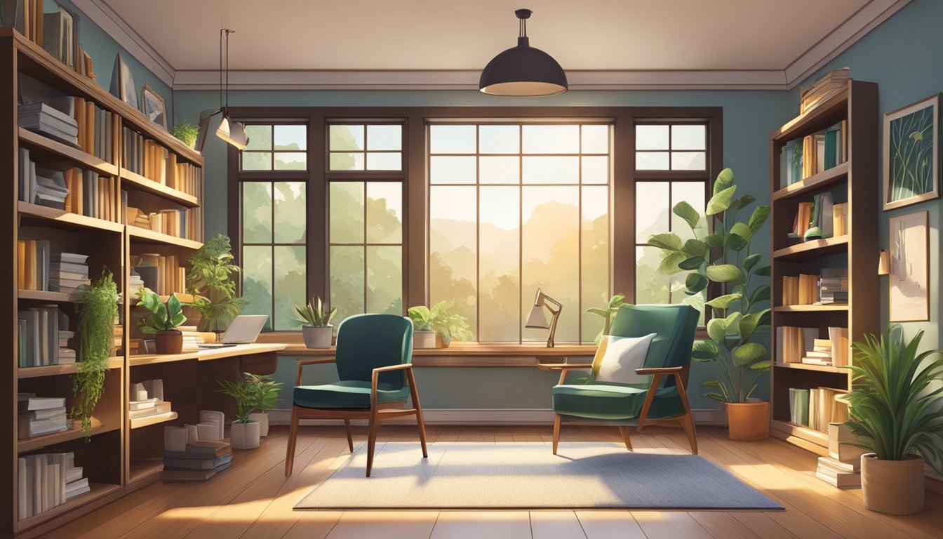 A cozy study room with a large window, a comfortable reading chair, a spacious desk, and organized bookshelves. The room is filled with natural light and decorated with plants and inspirational artwork