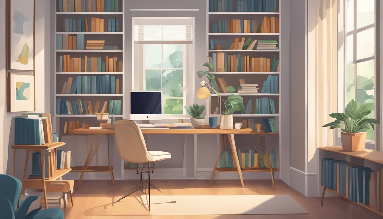 A well-lit study room with a large desk, ergonomic chair, bookshelves, and a cozy reading nook by the window