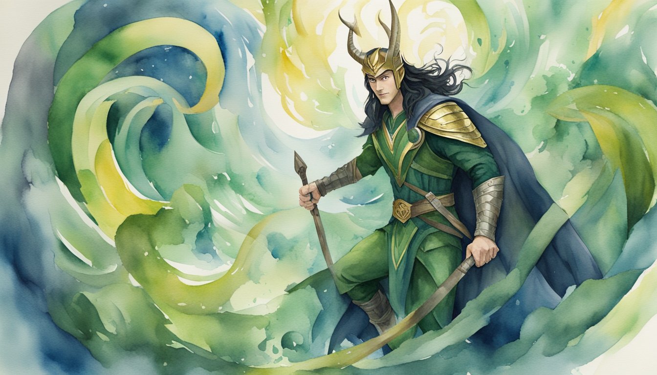 Loki causing mischief with a mischievous grin, surrounded by chaos and trickery in the realm of the Norse gods