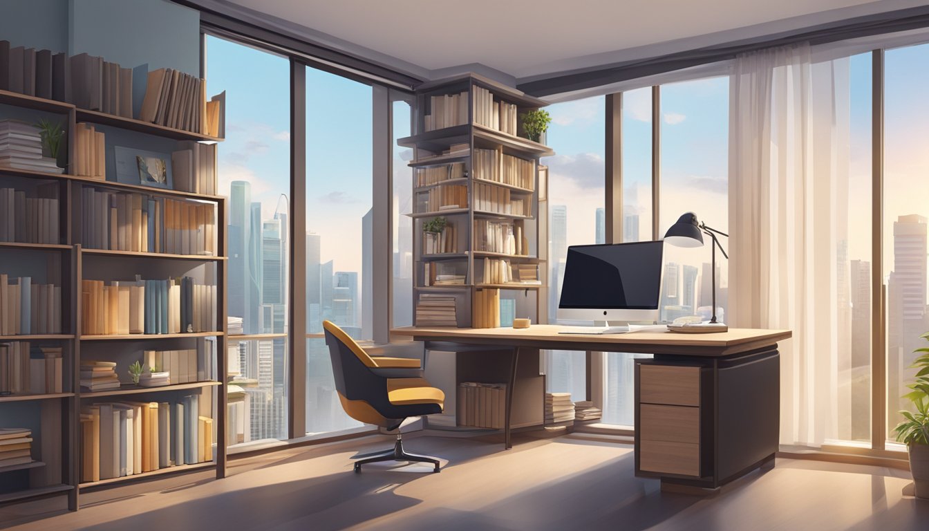 A cozy study room in Singapore with modern furniture, natural lighting, and a view of the city skyline. Shelves filled with books and a desk with a computer and study supplies