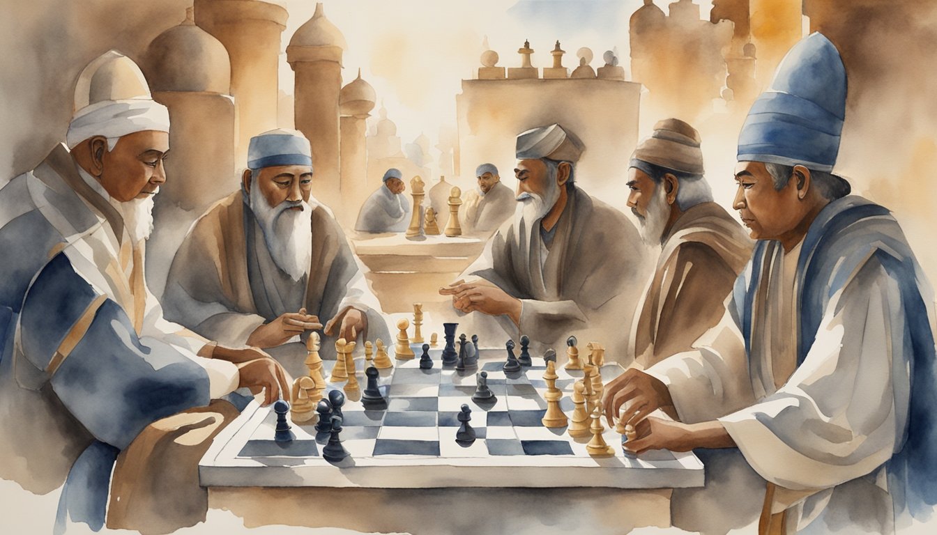 A group of ancient games, such as chess and Go, are being played by people from different cultures, symbolizing the cultural significance and legacy of these traditional games