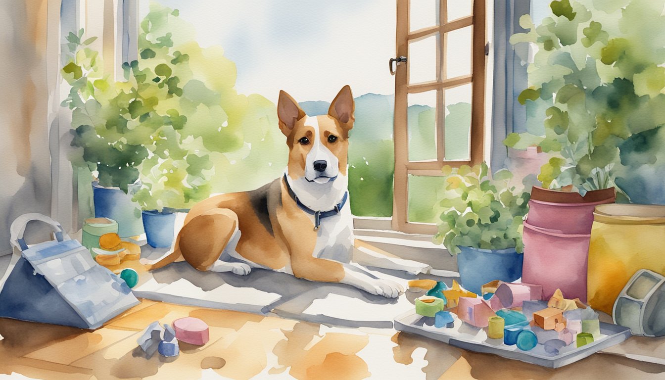 A dog with a puzzled expression, surrounded by scattered toys and household items.</p><p>A window shows a sunny day, with greenery outside