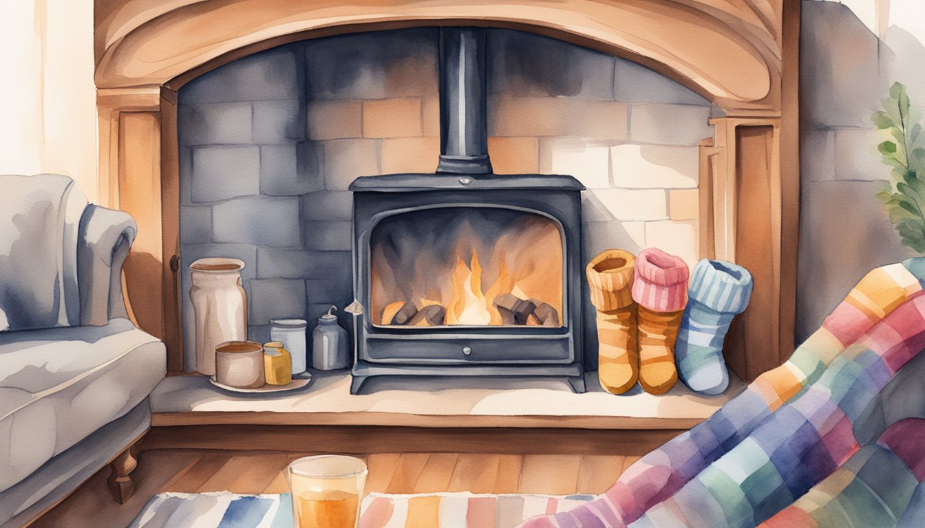 A person wearing warm socks and gloves while sitting by a cozy fireplace, with a thermometer showing a low temperature