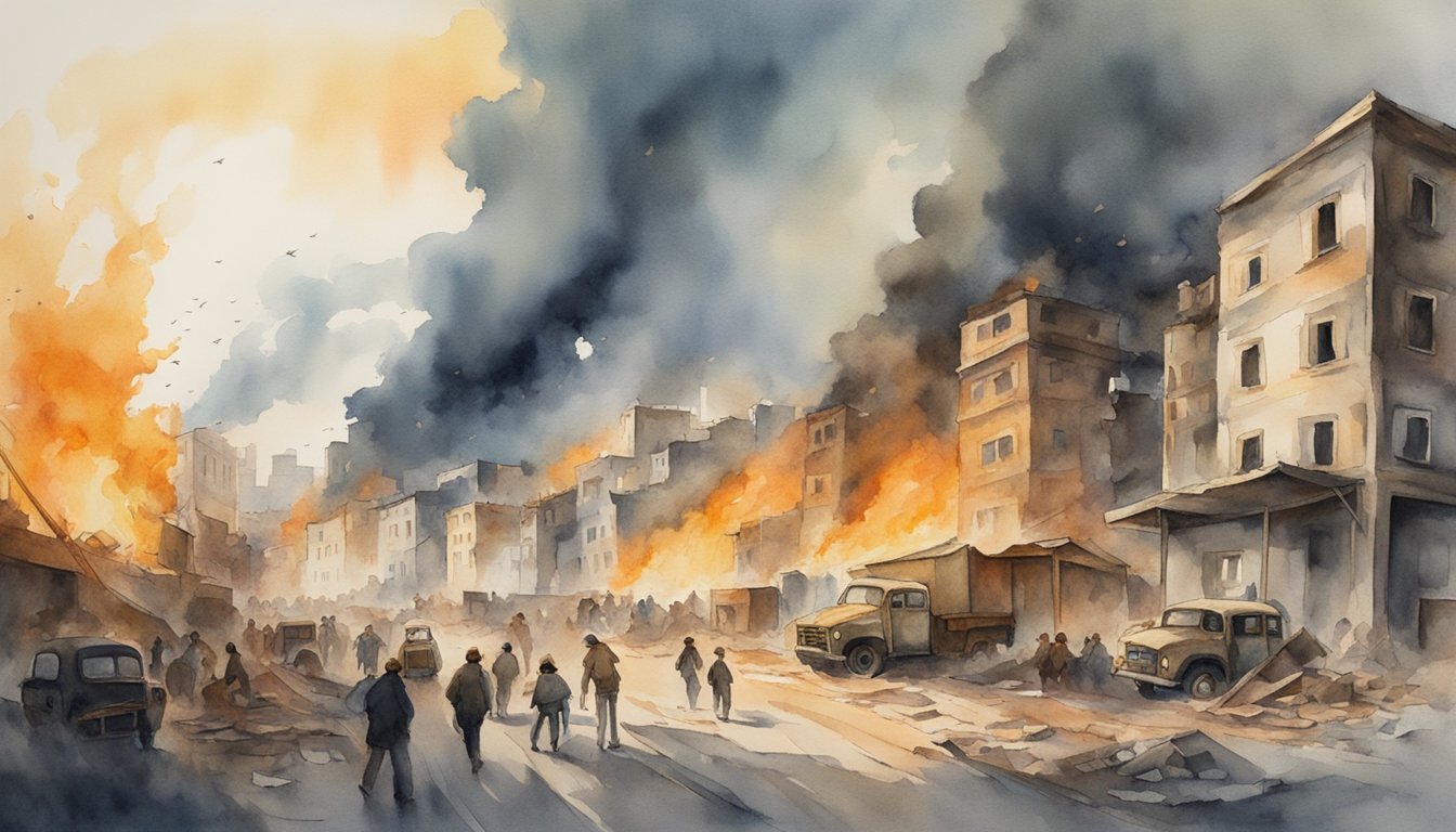 A city engulfed in flames, with buildings crumbling and people fleeing in terror, depicting the impact and consequences of operation searchlight