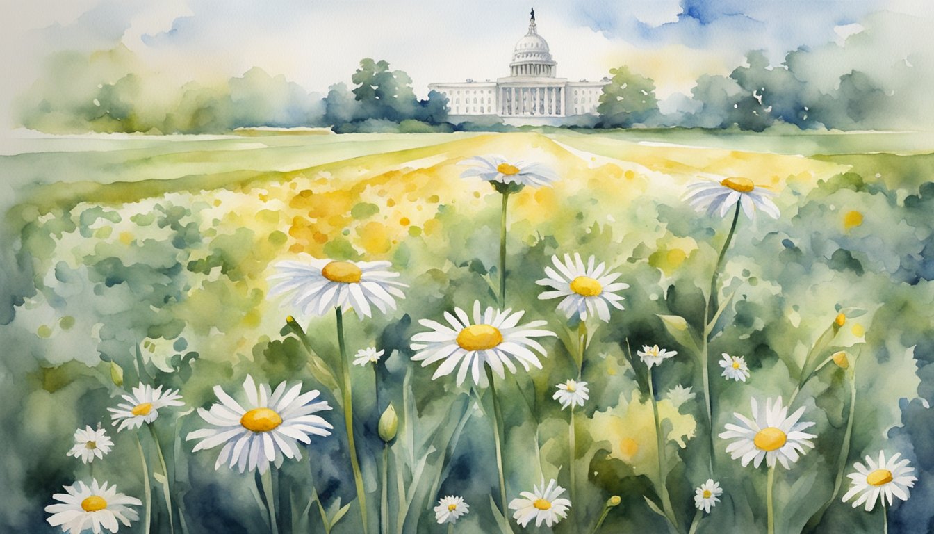 A daisy blooms among a field of modern political symbols, representing the enduring legacy and relevance of nature in politics