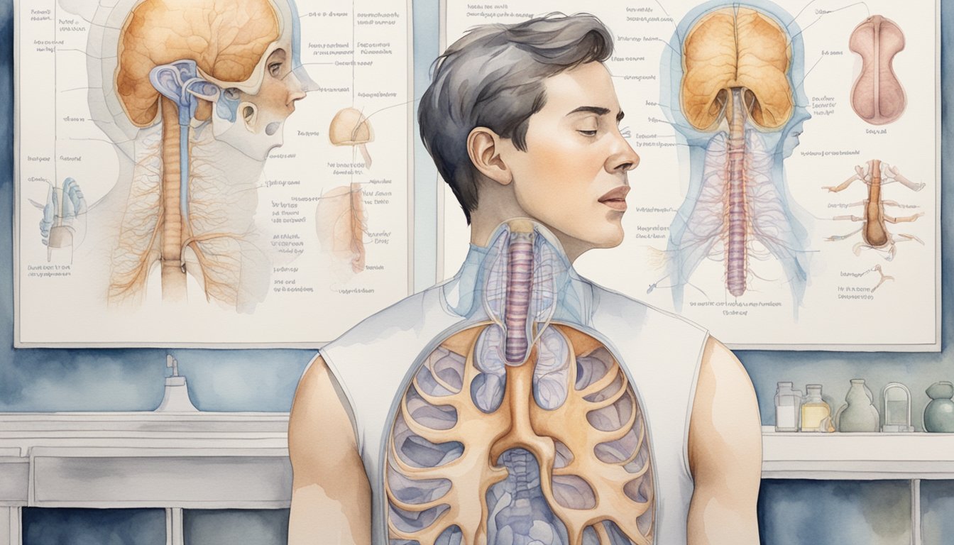 A person holding their breath with a surprised expression as they try to stop their hiccups.</p><p>Anatomical diagrams of the diaphragm and respiratory system are displayed in the background