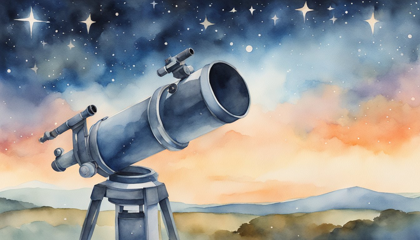 A telescope points towards the night sky, capturing the vastness of space with stars and galaxies stretching into infinity