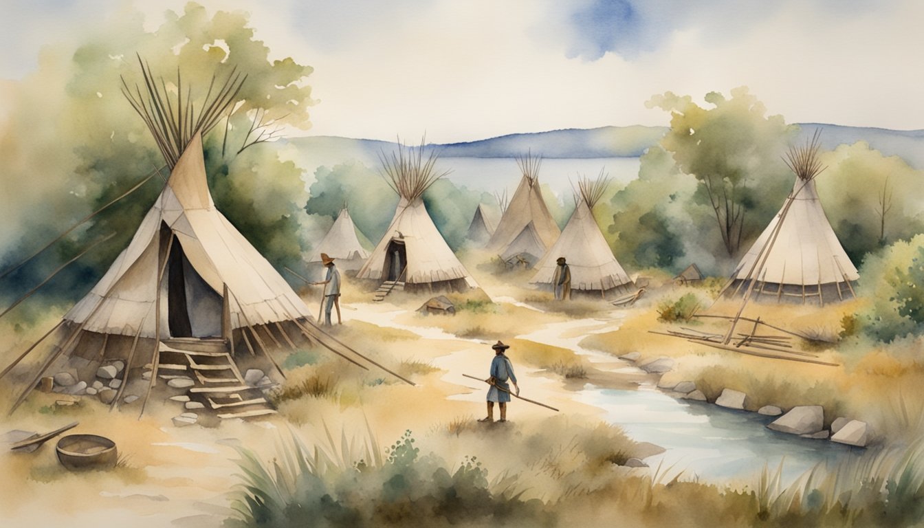 Early North American settlements with primitive tools and cultural artifacts, surrounded by natural landscapes