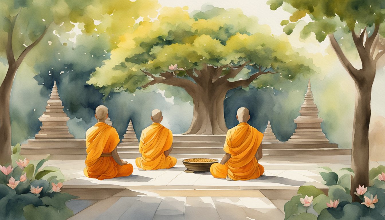 Monks in saffron robes meditate under Bodhi tree in quiet temple courtyard.</p><p>Dharma wheel and lotus flowers adorn the serene space