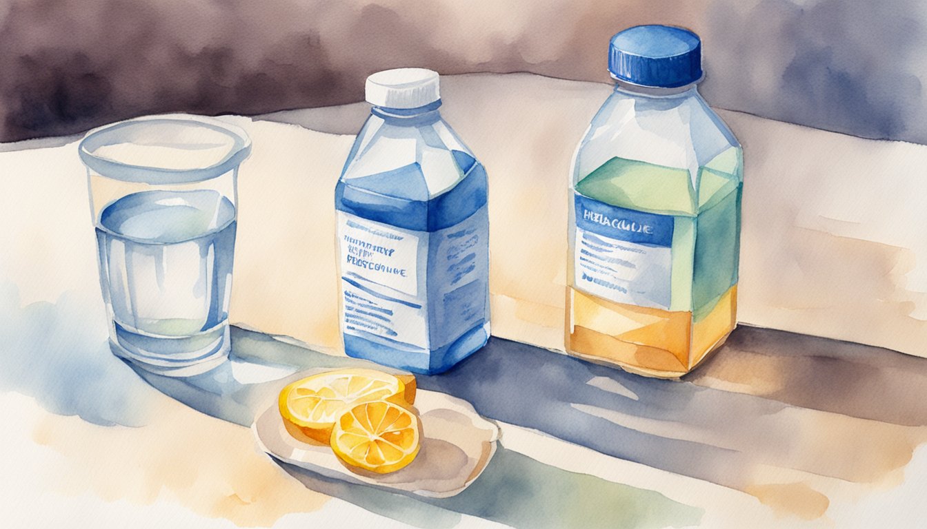 A bottle of electrolyte solution sits on a table next to a glass of water.</p><p>A headache relief medication is placed nearby