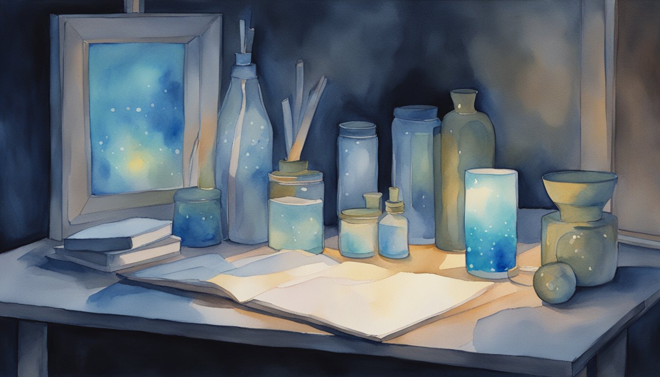 A glowing melatonin stick emits soft blue light in a dark room.</p><p>Surrounding objects are cast in a gentle, calming glow