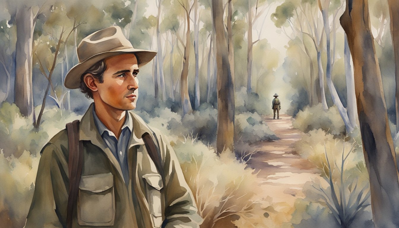 A young Douglas Mawson explores the rugged Australian outback, surrounded by towering eucalyptus trees and unique wildlife