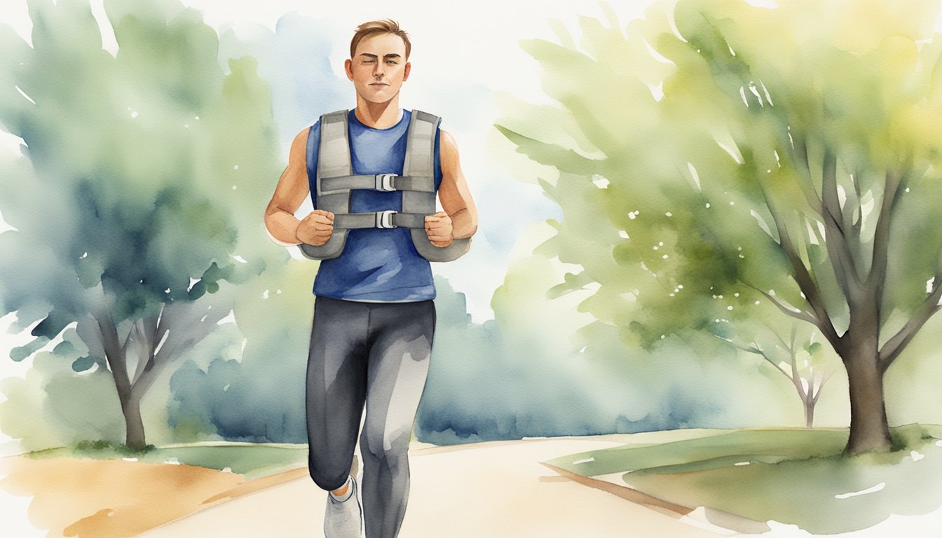 A person wearing a weighted vest while engaging in physical activity, with a focus on proper posture and movement to maximize the benefits and minimize the risk of injury