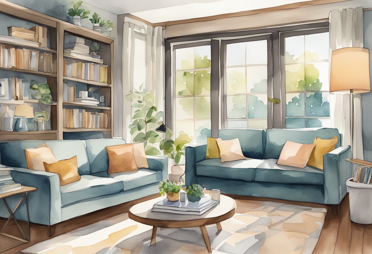 A cozy living room with a modern sofa, large windows, and a bookshelf filled with travel guides. A coffee table holds a map and a laptop, while a key rack hangs on the wall