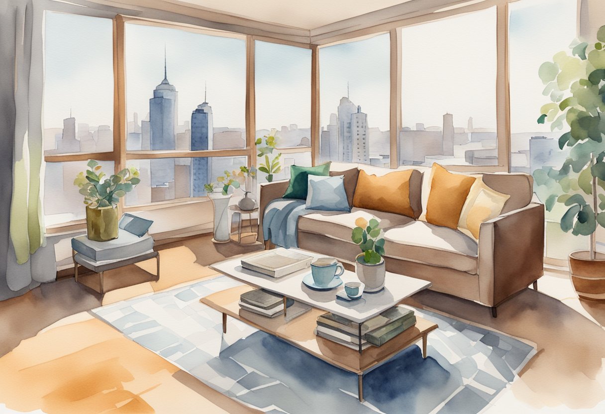 A cozy living room with modern furniture and large windows overlooking a city skyline. A key box and welcome book sit on the coffee table