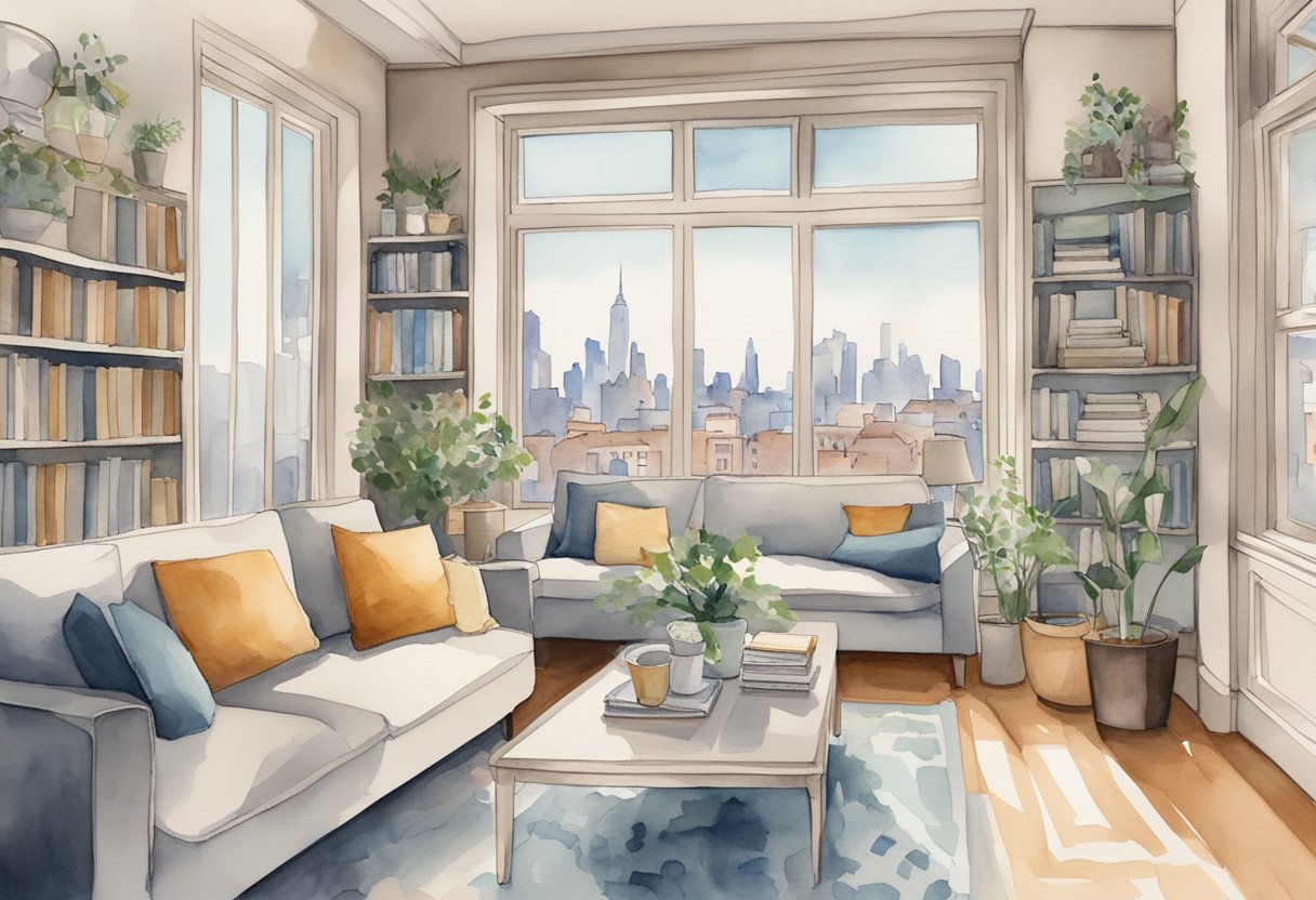 A cozy living room with a modern sofa, a coffee table, and large windows overlooking a bustling city street. A bookshelf filled with travel guides and a map on the wall