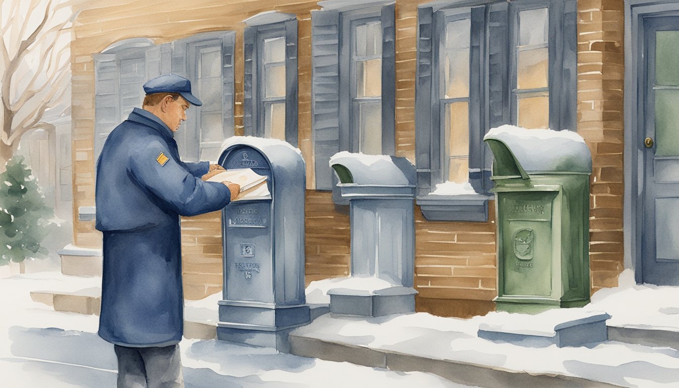 A postal worker places a letter into a mailbox with the USPS motto "Neither snow nor rain nor heat nor gloom of night stays these couriers from the swift completion of their appointed rounds" engraved on the side