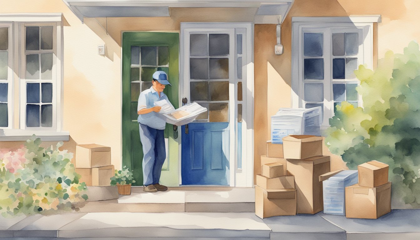 A USPS mail carrier delivers packages to a residential home, while a postal worker sorts through letters and parcels at a busy post office