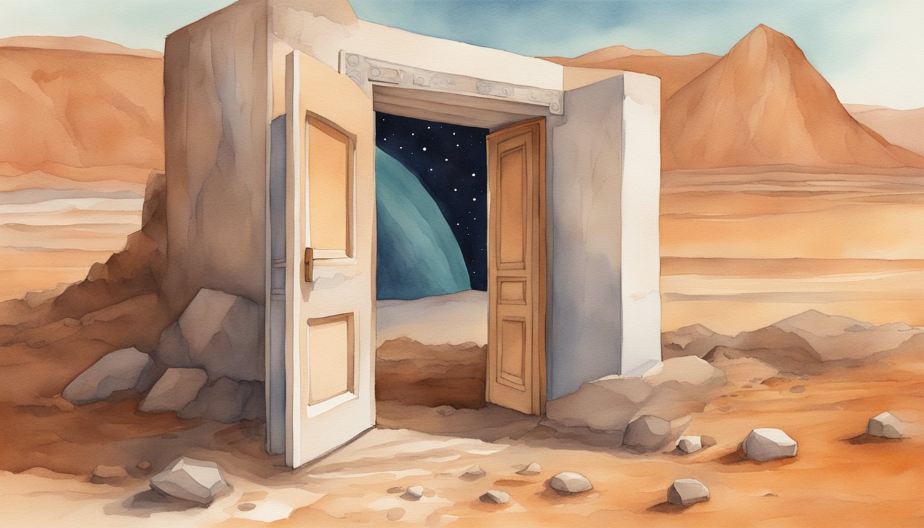 A doorway on Mars with symbols of cultural impact and misinformation