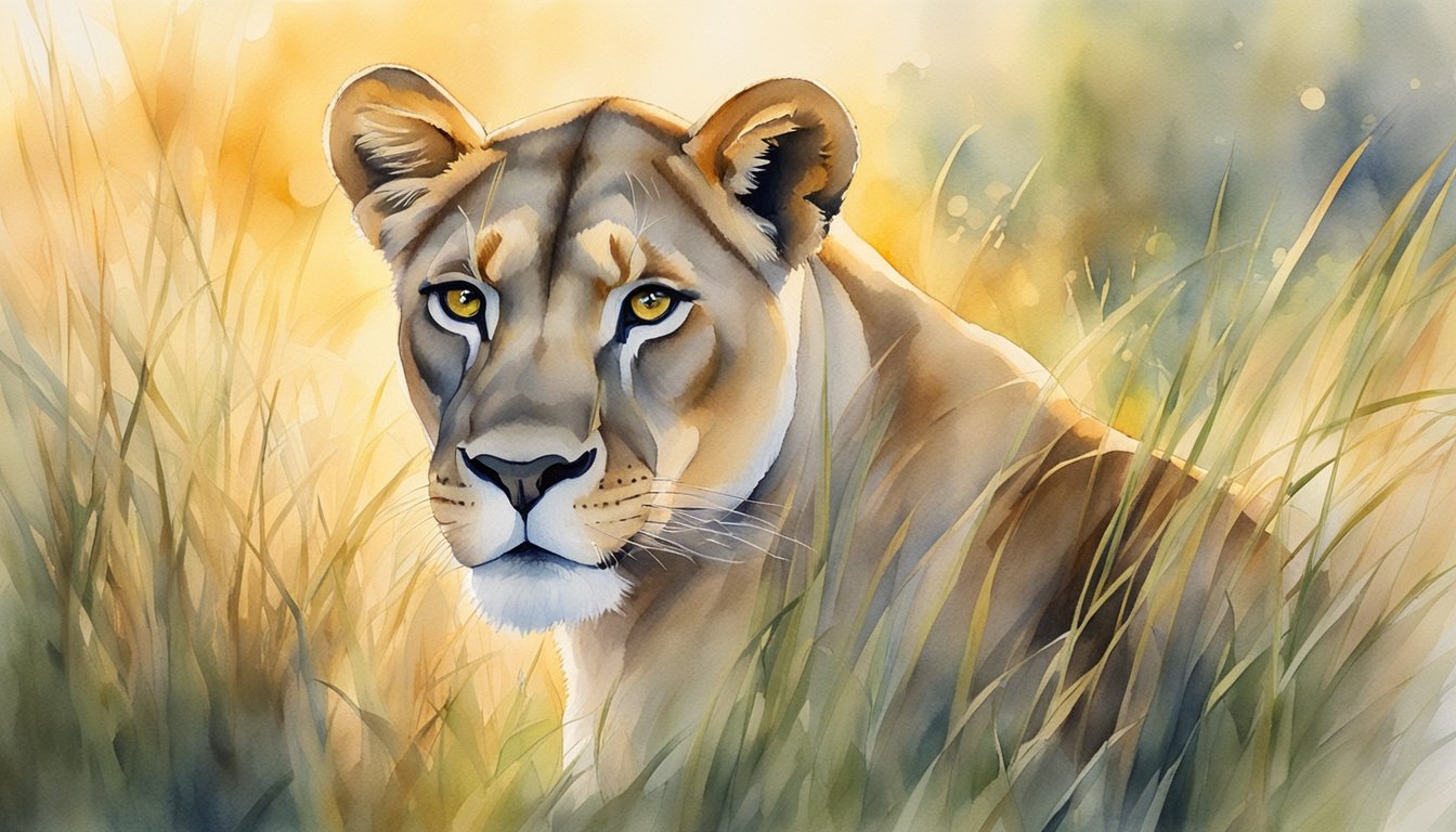 A lioness crouches in the tall grass, her eyes fixed on a distant prey.</p><p>The golden sunlight filters through the trees, casting a warm glow on her sleek fur